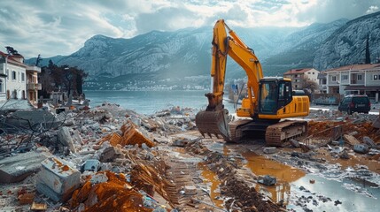 Following a major earthquake, an excavator diligently clears the remnants of concrete slabs, a testament to the catastrophic destruction that unfolded in a small town.