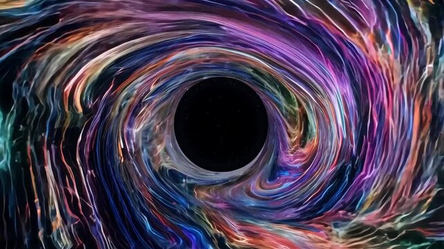"Cinematic animation depicting a supermassive black hole, with the camera navigating through the black hole or wormhole, transitioning into a distant galaxy in another universe"