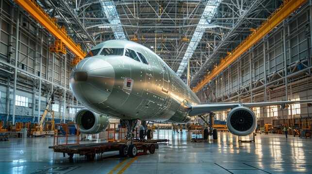 The specter of an airplane inside a hangar as mechanics perform essential repairs and maintenance symbolizes the unsung groundwork of aviation.