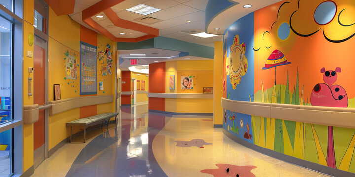 Hospital Child Life Specialist's Wall: Adorned with child-friendly activity ideas, pediatric patient resources, and a board with child life program updates.