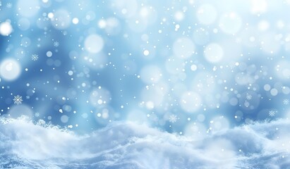 Fototapeta premium Winter scene design softly falling snowflakes and a blurred blue background