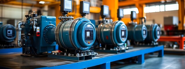 Large industrial pumps pressurizing water for use in various machines. The pumps are metallic with digital control panels and pressure gauges on top.