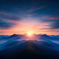 Fototapeta premium A breathtaking sunrise over a mountain range, with vibrant colors illuminating the peaks and valleys, This serene image can enhance travel articles, nature blogs, or inspirational content,