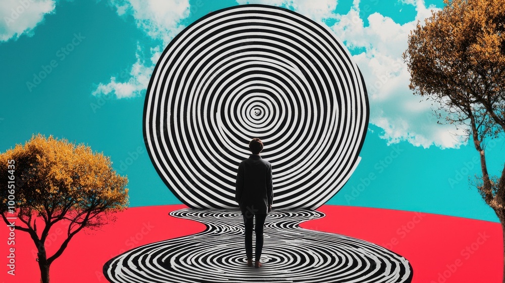 Poster the circular path: a person walking endlessly in a circle of abstract symbols and thoughts, unable t