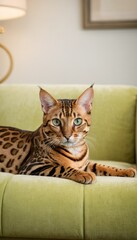 A striking Bengal cat with vibrant green eyes lounges on a green couch, showcasing its elegant, spotted and striped fur pattern resembling that of a wild leopard