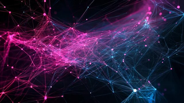 Blue and purple connected moving network isolated on black background with space for text
