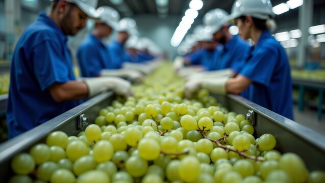 Industrial Grape Sorting. Workers sort grapes on a conveyor.