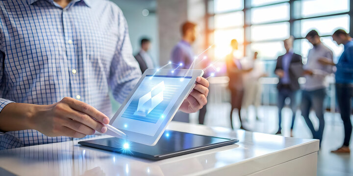 Digital Age Voter Registration: Medium Shot of Person Using Tablet with Holographic Registration Forms, Showcasing Modern Ease & Accessibility - Powered by Adobe