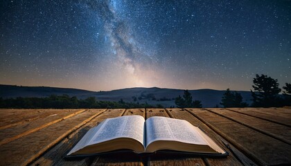 The Bible at Midnight Under the Stars. An open Bible rests on a rustic picnic table under a vast, starry sky.