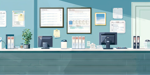Hospital Billing Department Wall: Featuring insurance billing guidelines, payment plan options, and a board with billing inquiries contact information