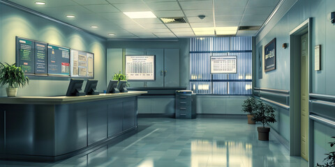 Hospital Billing Department Wall: Featuring insurance billing guidelines, payment plan options, and a board with billing inquiries contact information