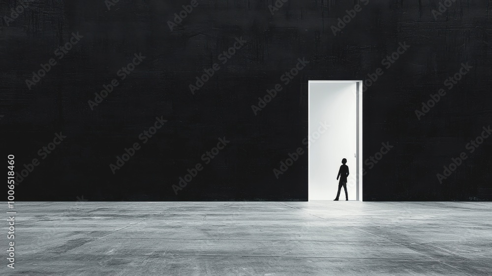 Poster the first step is the hardest: a massive door with a small person pushing it open, symbolizing the c