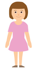 cartoon happy brunette girl in pink dress, easy to edit, stock vector