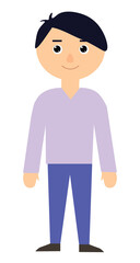 cartoon happy brunette guy in purple sweater and blue pants, easy to edit, stock vector