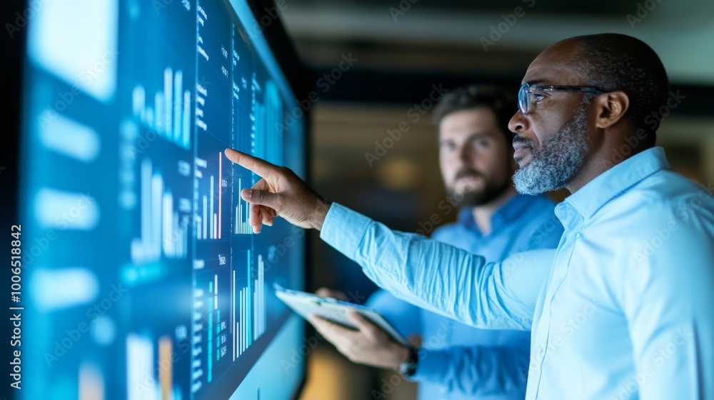Aufkleber two business professionals focus intently on a data presentation in a conference room. one points to