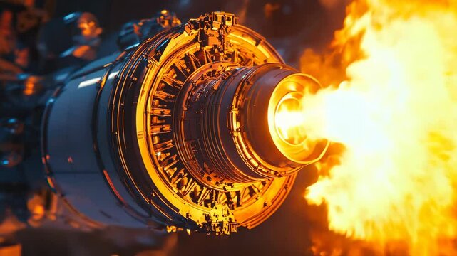 Reactive engine firing or close-up test of a jet engine with flame at the rear
