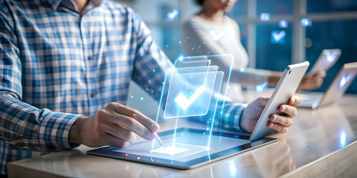 Digital Age Voter Registration: Medium Shot of Person Using Tablet with Holographic Registration Forms, Showcasing Modern Accessibility and Ease of Registration - Powered by Adobe