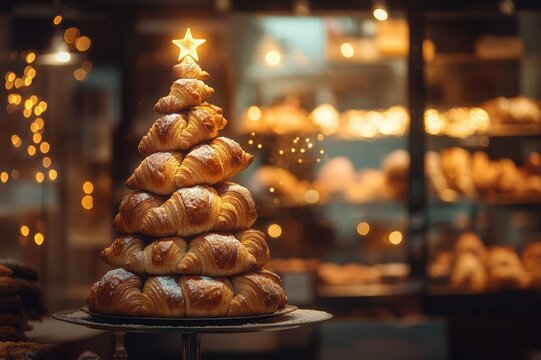 Croissant stack shaped like a Christmas tree, decorated with powdered sugar and glowing lights, topped with a golden star, festive bakery concept