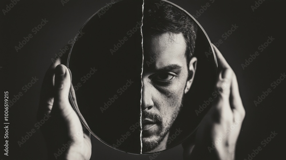 Poster the mirror of lies: a person looking into a mirror that reflects an idealized, successful version of