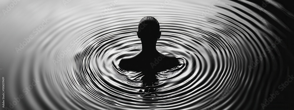 Poster the ripple of personality: a single drop of water falling into a calm pond, creating ripples that fo