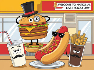 Animated fast food characters celebrate national fast food day