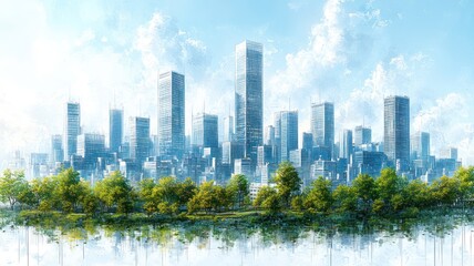 A vibrant city skyline with modern skyscrapers and greenery.
