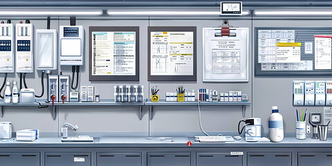 Hospital Medical Equipment Technician Wall: Adorned with equipment maintenance manuals, calibration guidelines, and a board with equipment service logs.