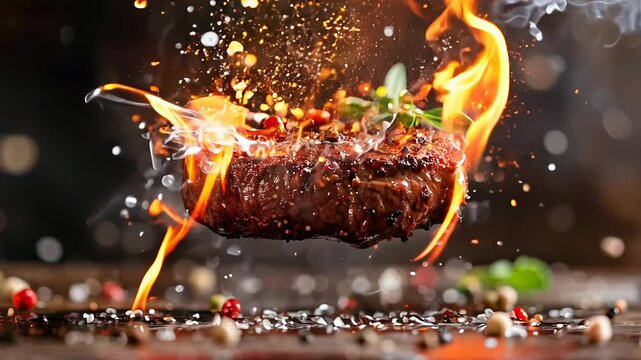 Grilled Steak on Fire with Herbs in Slow Motion