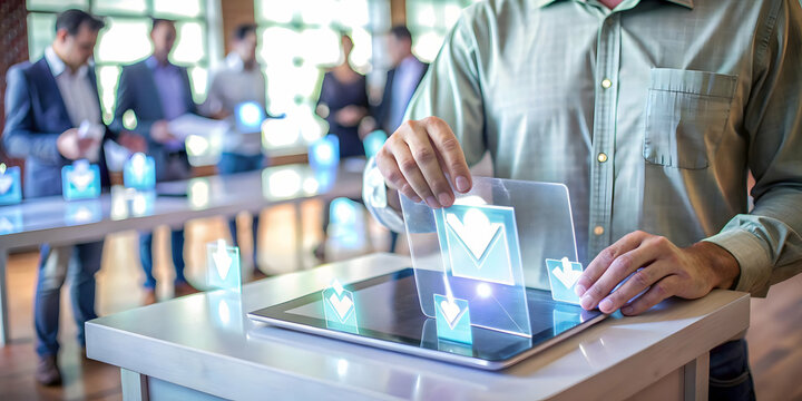 Digital Age Voter Registration: Medium Shot of a Person Using a Tablet with Holographic Registration Forms, Showcasing Modern Accessibility and Ease in Voting - Powered by Adobe