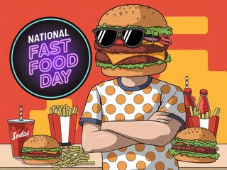 Celebrating fast food day with fun burger art and neon vibes