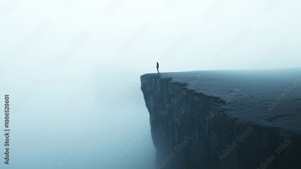 Aufkleber the unknown result: a person standing at the edge of a cliff, jumping into a misty fog below, symbol
