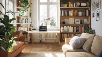 Modern Living Room with Bookshelves and Desk