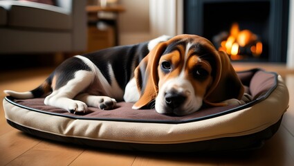 A sick beagle puppy lying on a dog bed on the floor