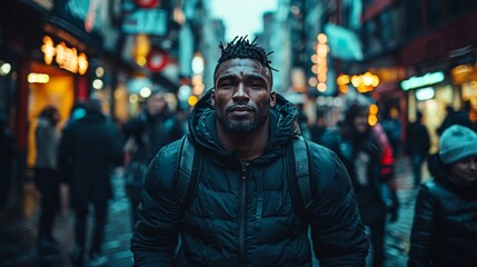 Fototapeta premium Wide-angle portrait of a Black man walking in a bustling city street, focused expression, wearing a puffer jacket on a cold evening