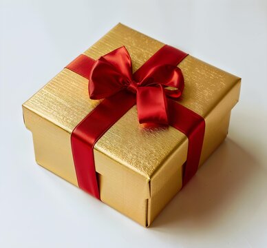 Gold gift box with a shiny red ribbon and bow, set against a plain white background.