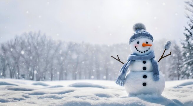 Snowman in snowy field winter holiday background banner design text space