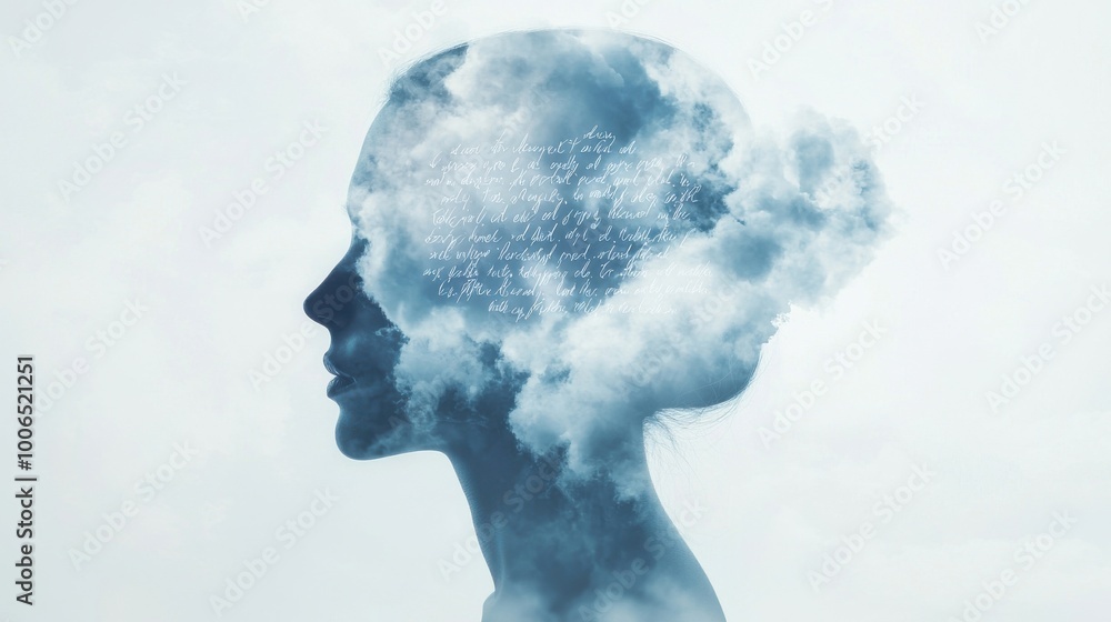 Poster thoughts as floating clouds: a human silhouette with a head filled with floating, abstract cloud sha