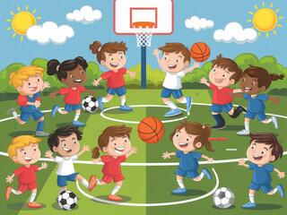 Lively group of kids playing sports games on a sunny day in the park