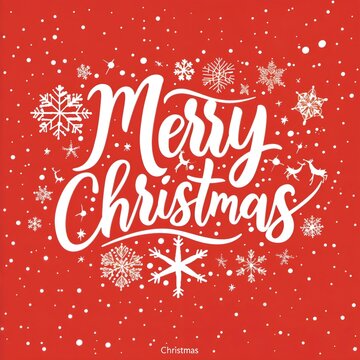 The words "Merry Christmas" in white, surrounded by snowflakes and stars on a red background.