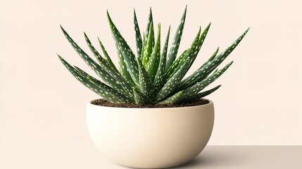 Fototapeta premium An indoor aloe plant showcasing its lush green leaves in a stylish pot, set against a neutral background. This hardy succulent is not only a popular houseplant for its striking appearance