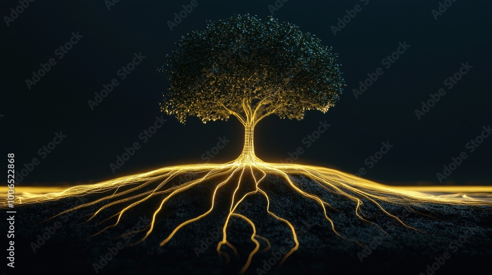 Poster tree of balance: a tree with roots firmly in the ground representing stability in life, while its br