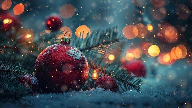 Red Christmas ornament in snow, christmas background, christmas banner