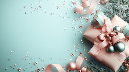Naklejka premium Xmas new year background pastel with copy space Gift box with festive decorations