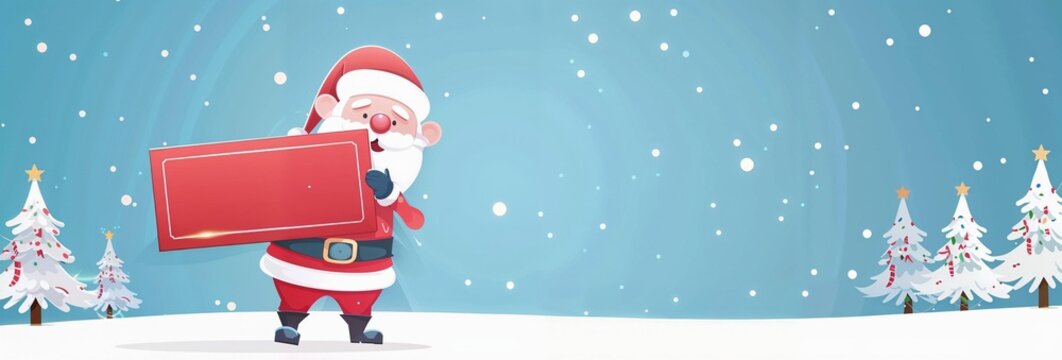 Santa Claus holding a large red sign board  in a snowy landscape, christmas banner, christmas dsign, background