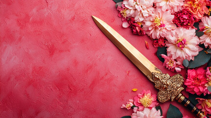 close up of beautifully crafted sword resting among vibrant flowers, symbolizing strength and beauty. rich colors create striking contrast, evoking sense of celebration and tradition