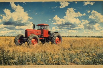 Obraz premium Vintage Red Tractor in a Field