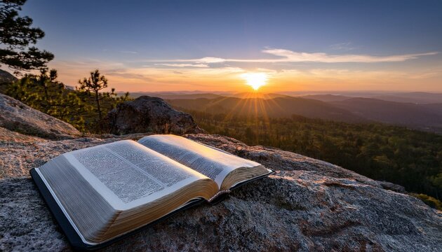 The Bible in the Foggy Lakeside Morning. An open Bible rests on a weathered dock, with mist rising gently from the lake.