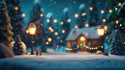 Obraz premium Winter landscape with snow, Christmas greetings, decorated trees, joyful festive atmosphere