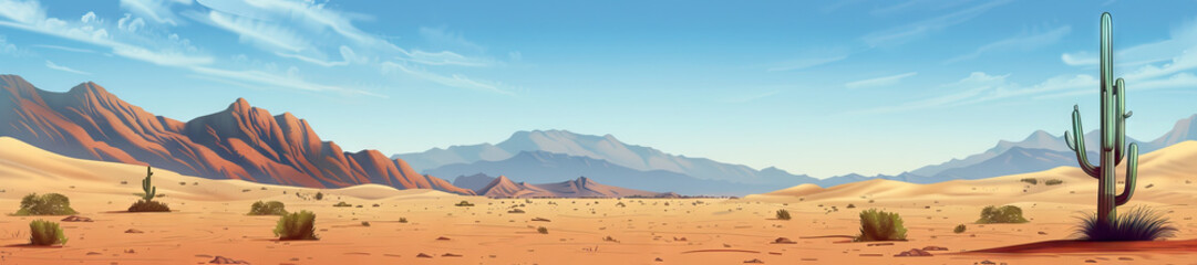 Fototapeta premium Desert Landscape: A vast desert landscape with rolling sand dunes, cacti, and a distant mountain range