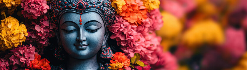 beautifully adorned idol of Durga, surrounded by vibrant flowers, radiates serene and sacred atmosphere. intricate details and colors evoke sense of devotion and celebration